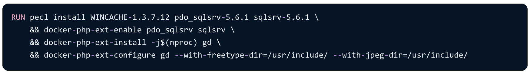 RUN pecl install WINCACHE-1.3.7.12 pdo_sqlsrv-5.6.1 sqlsrv-5.6.1 \