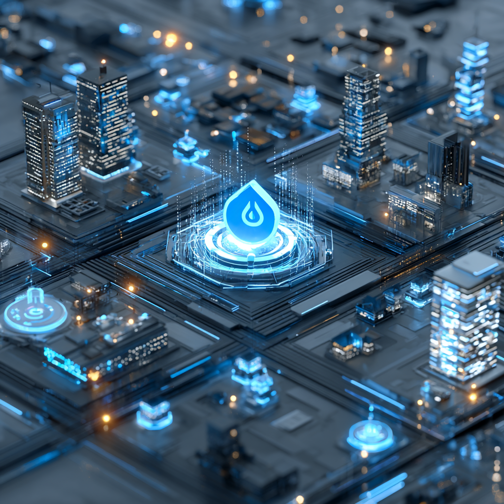 Futuristic digital cityscape with glowing circuits and skyscrapers, centered around a luminous Drupal logo representing secure, scalable open-source technology for governments and enterprises.