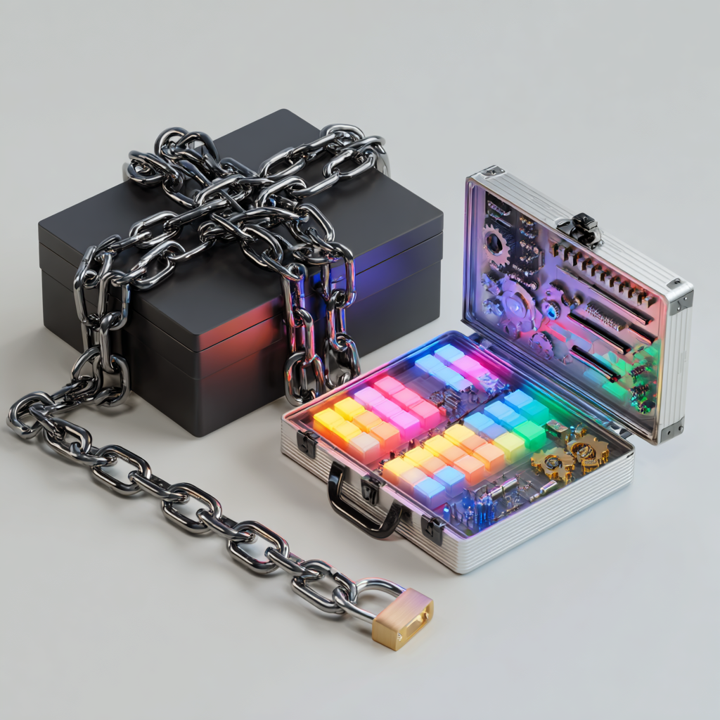 A black box secured with heavy silver chains and a padlock sits beside an open metallic briefcase. The briefcase contains colorful illuminated buttons, circuit boards, and mechanical gears, glowing in a rainbow of neon lights.